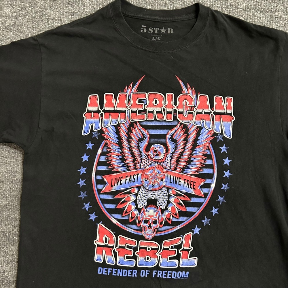 5 Star T Shirt Mens Size L Black American Rebel Eagle Skull Graphic Cotton Tee